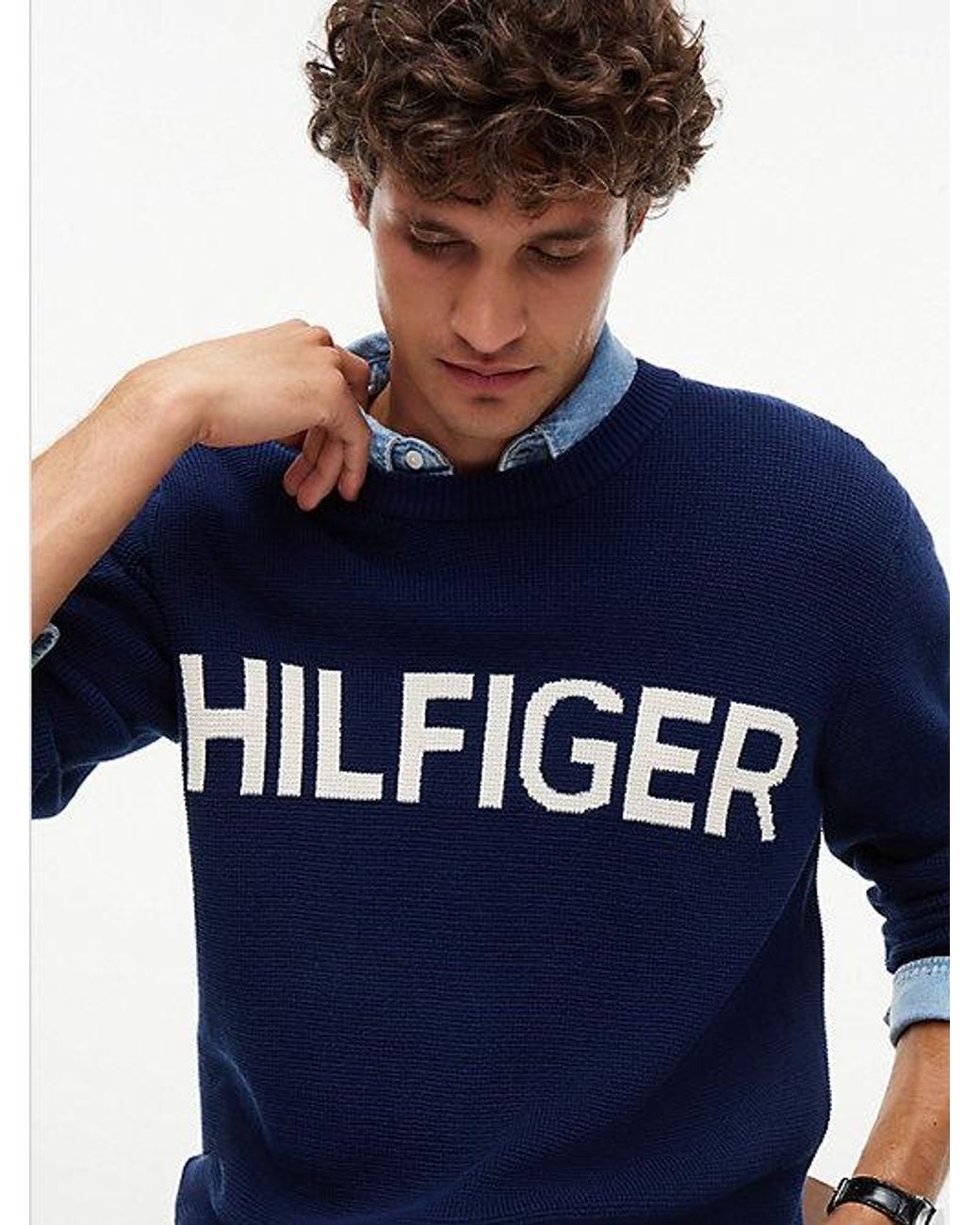 Tommy Hilfiger Blue Intarsia Logo Waffle Knit Relaxed Jumper for men