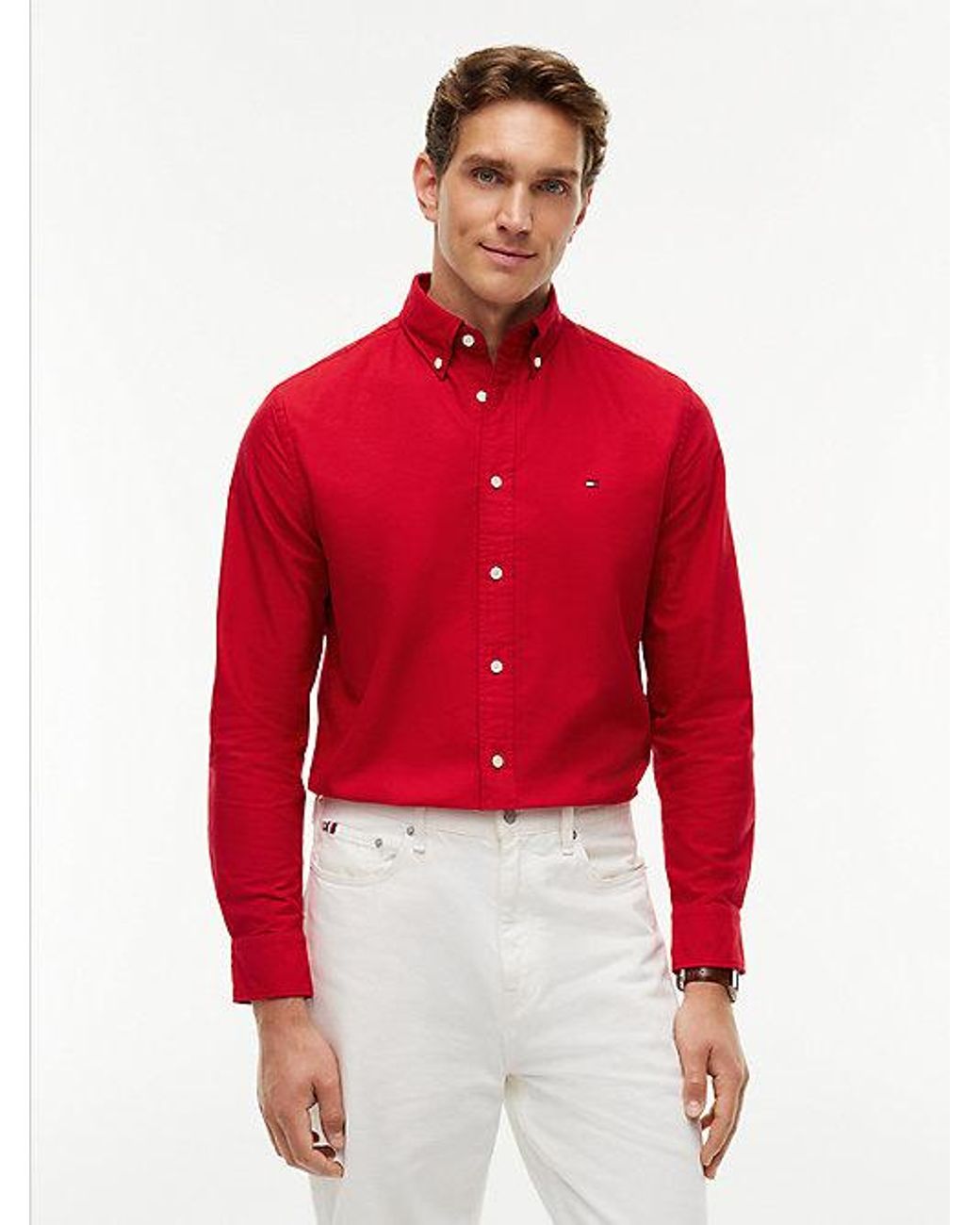 Tommy Hilfiger Red Regular Fit Flag Embroidery Oxford Shirt for men