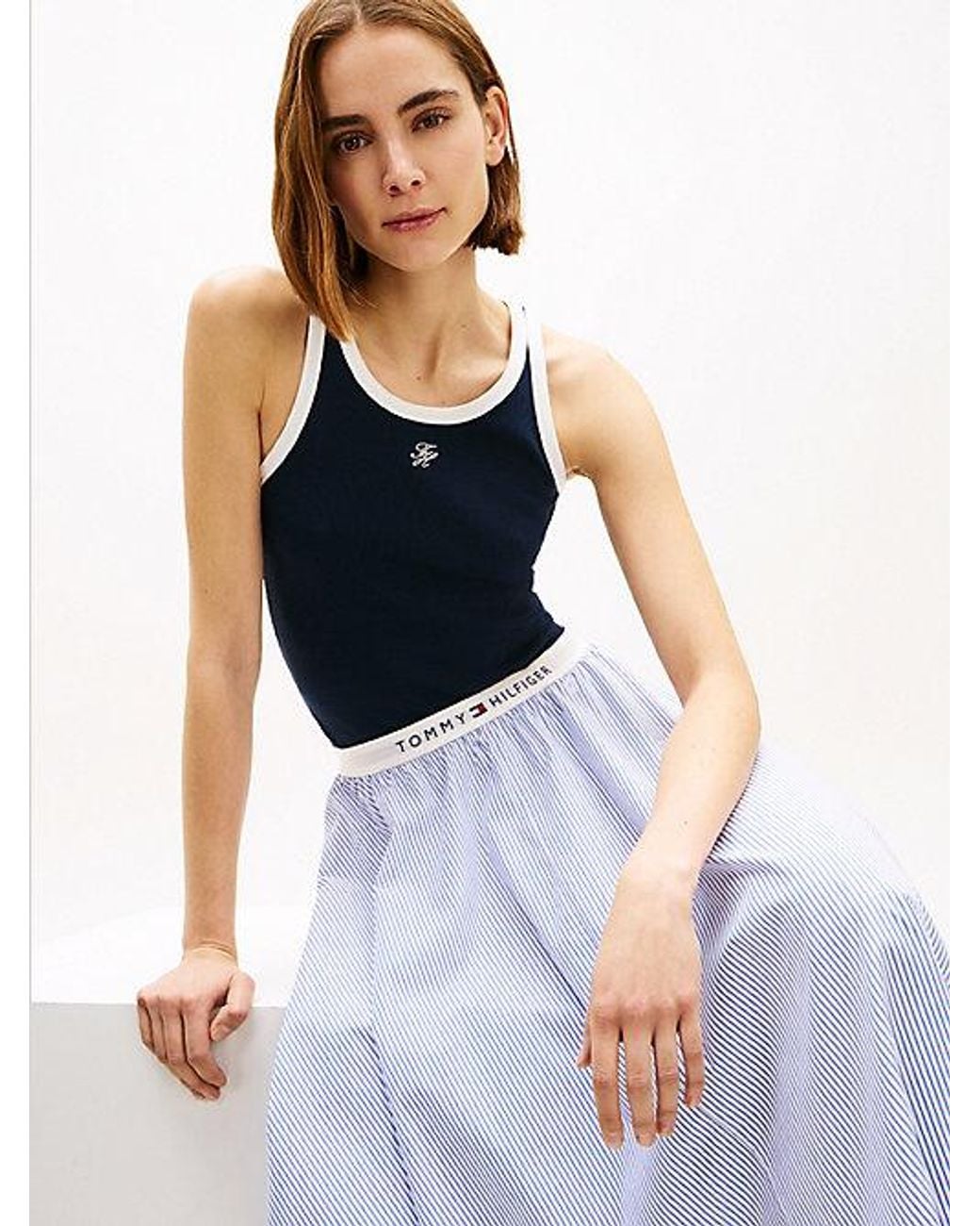 Tommy Hilfiger Blue Logo Waistband Midi A-Line Skirt