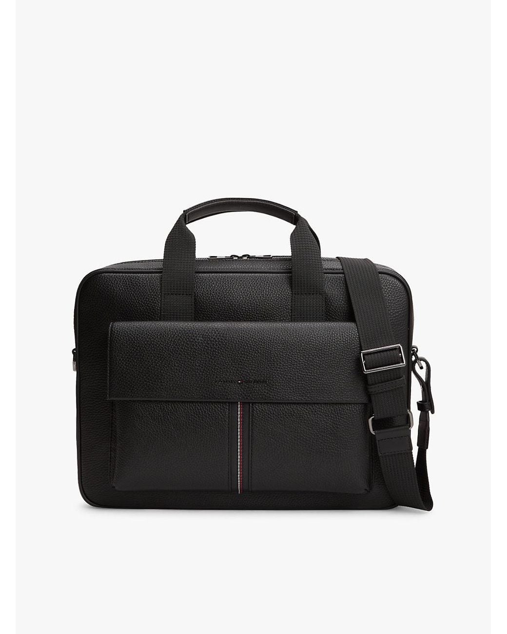 Tommy Hilfiger Black Flap Pocket Pebble Grain Laptop Bag for men