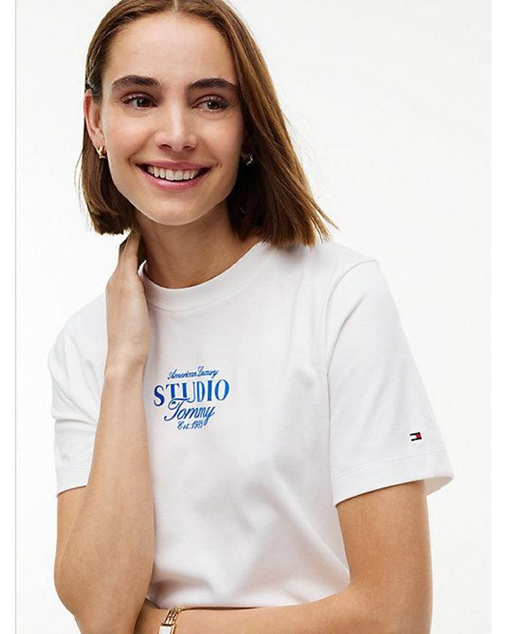 Tommy Hilfiger White Logo Interlock Knit Crew Neck T-Shirt