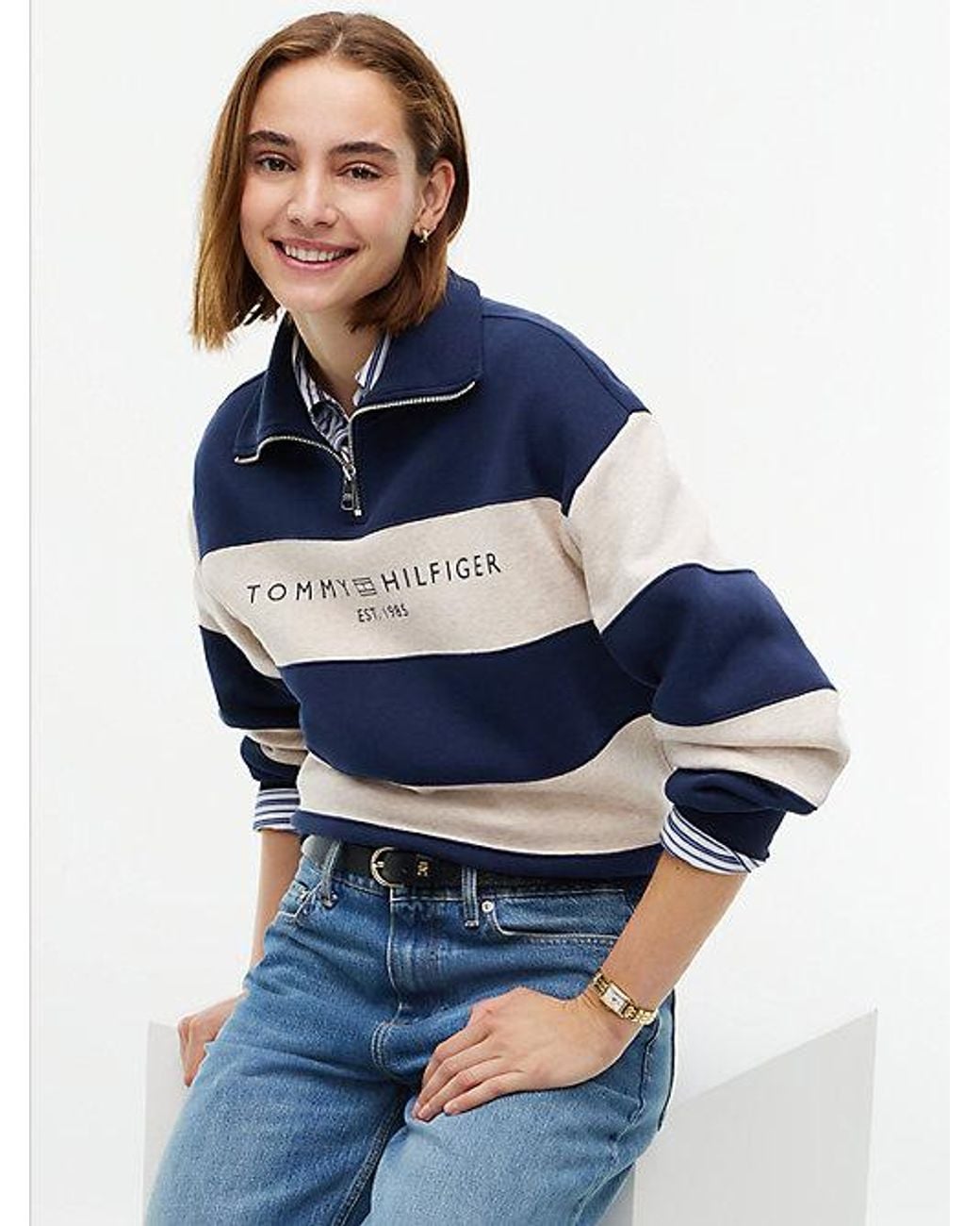 Tommy Hilfiger Blue Fleece Relaxed Quarter Zip Sweatshirt