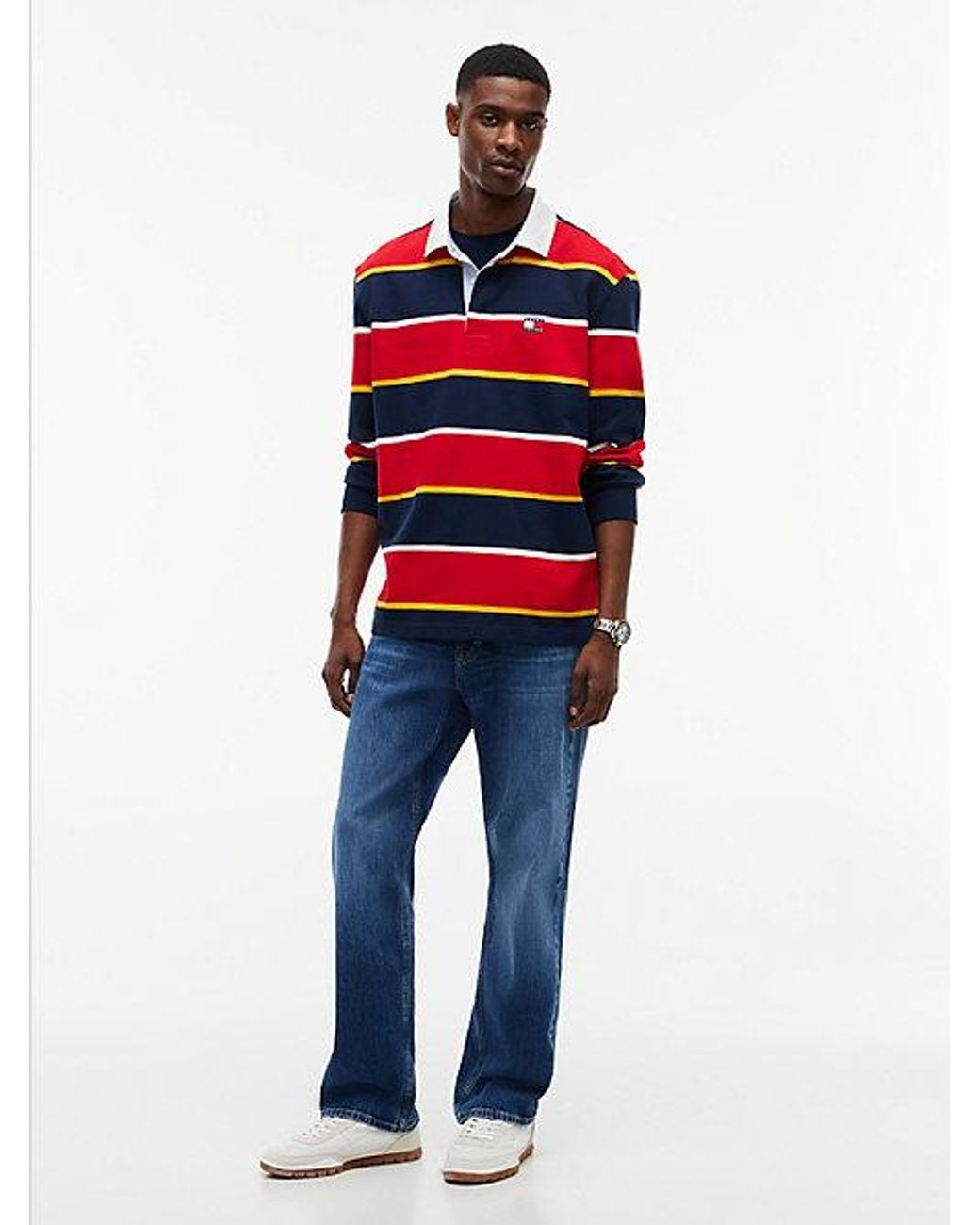 Tommy Hilfiger Red Tommy Jeans Tommy Badge Stripe Relaxed Rugby Shirt for men