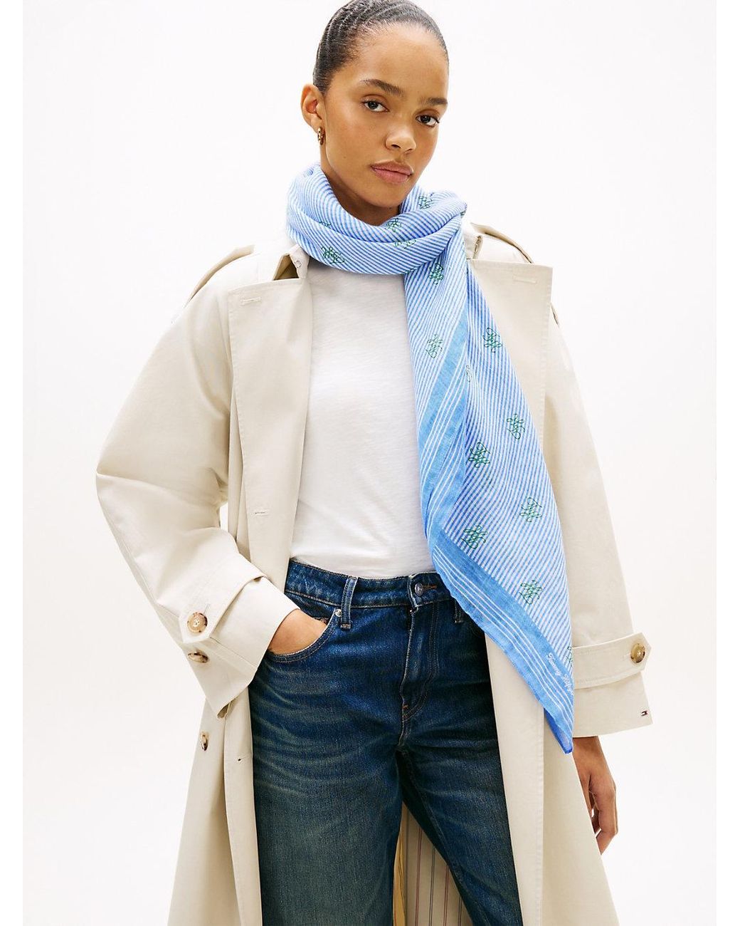 Tommy Hilfiger Blue Pure Linen Repeat Logo Square Scarf
