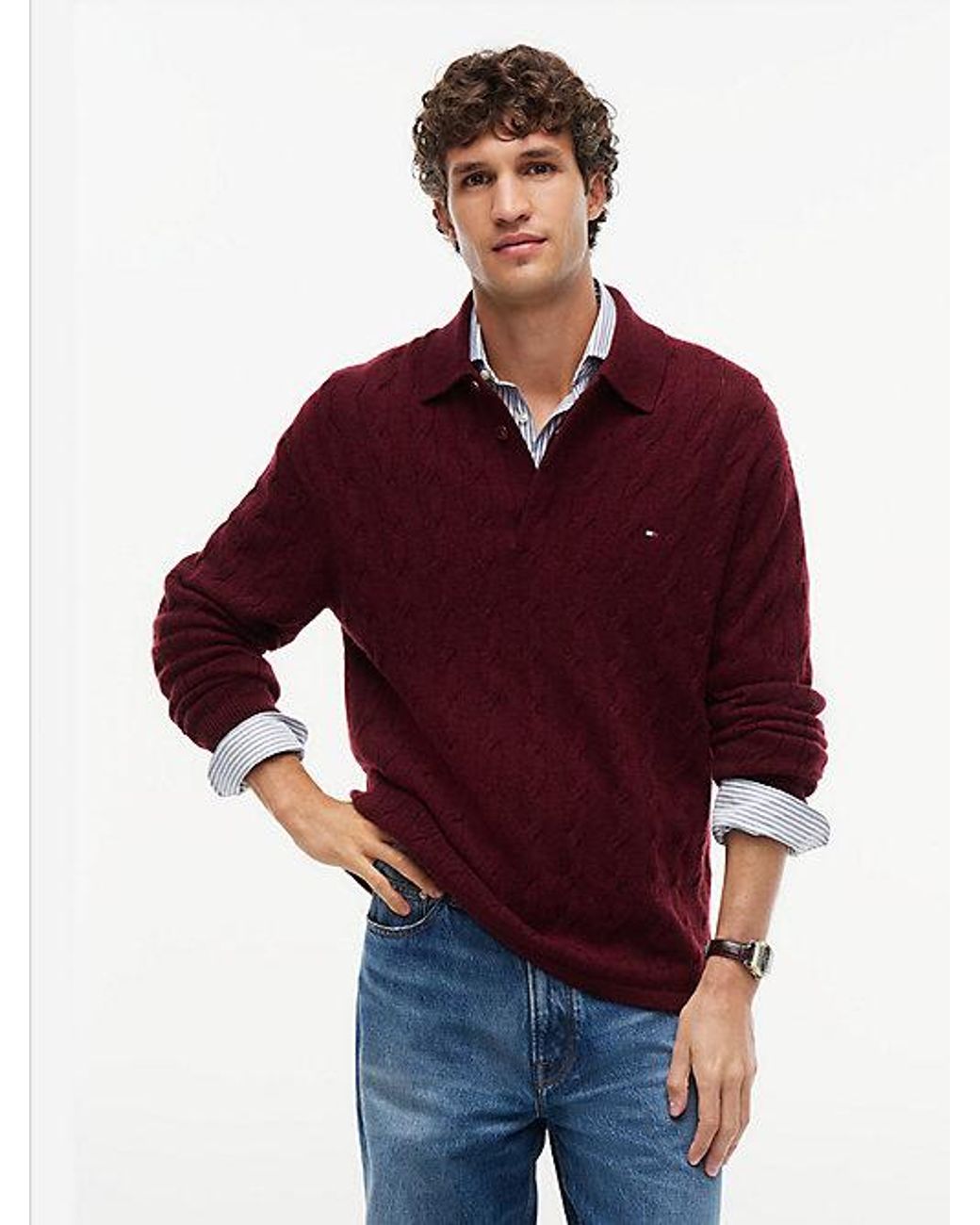 Tommy Hilfiger Red Pure Wool Cable Knit Rugby Jumper for men