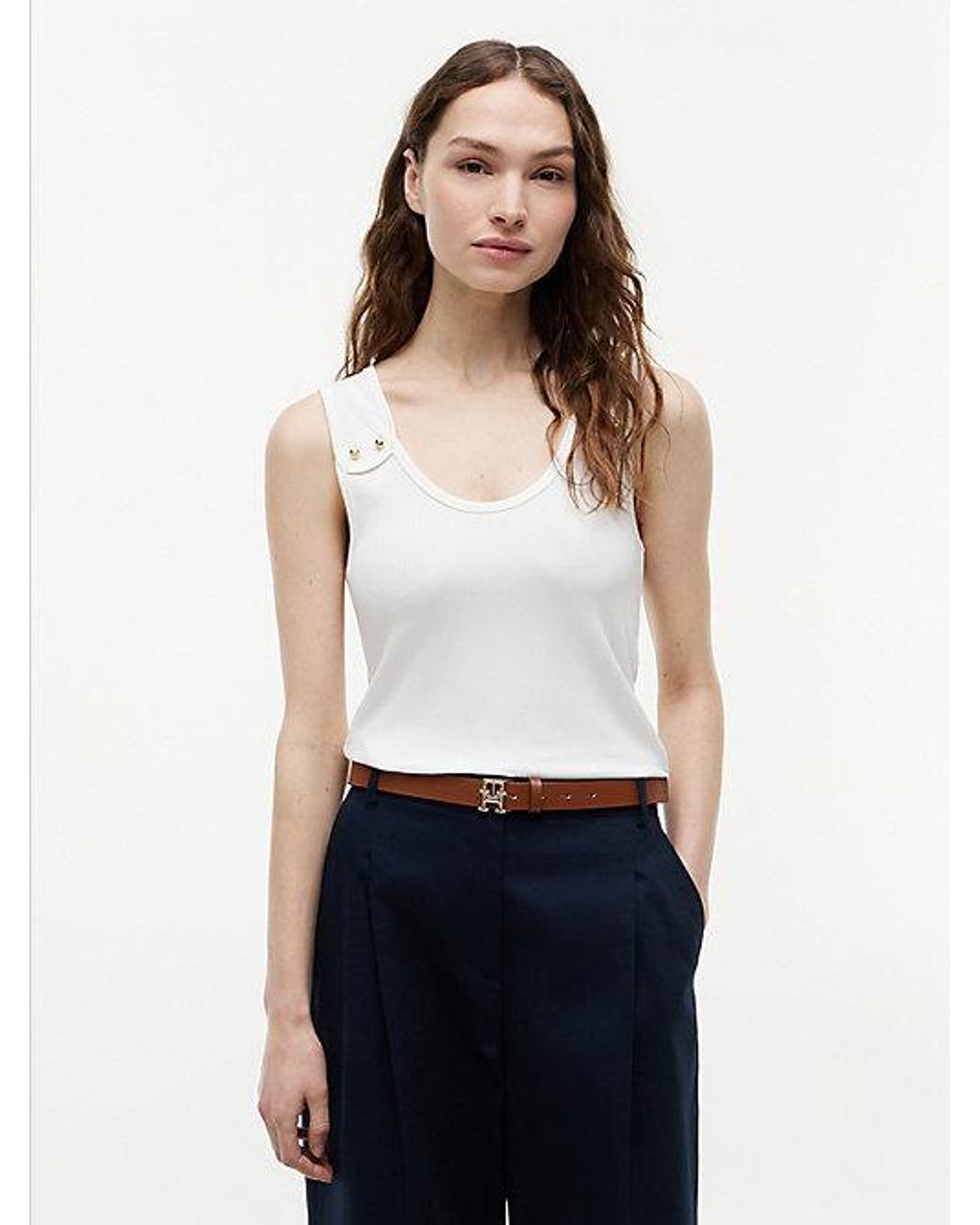 Tommy Hilfiger White Tone Button Ribbed Tank Top