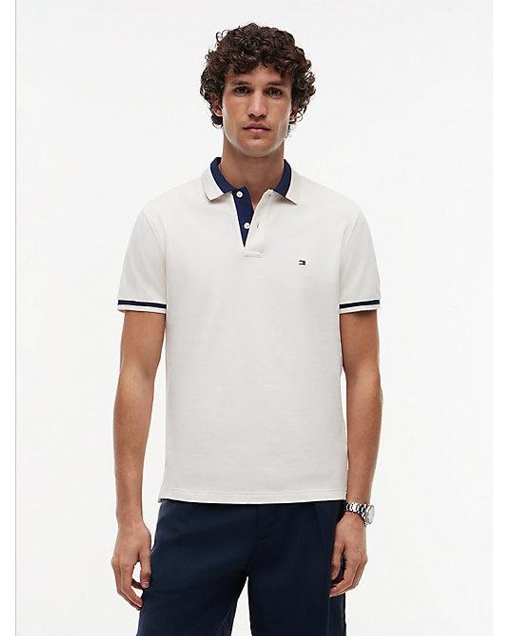 Tommy Hilfiger White Regular Fit Colour Blocked Collar Polo Shirt for men