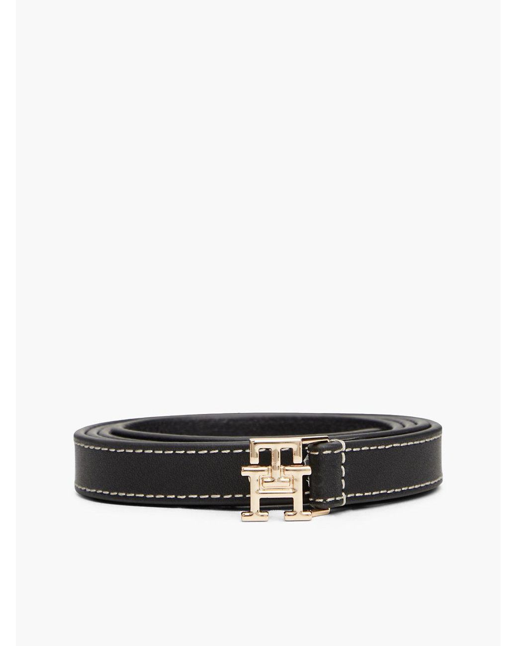 Tommy Hilfiger White Leather Th Monogram Plaque Buckle Belt