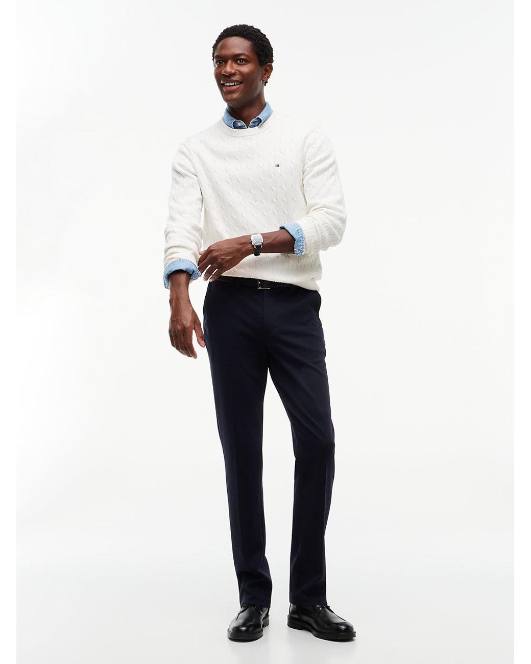Tommy Hilfiger White Cable Knit Crew Neck Jumper for men