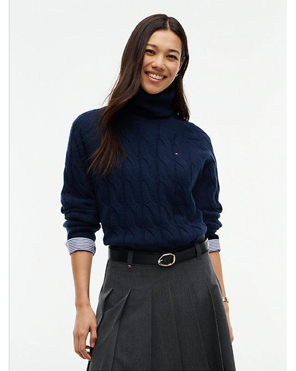 Tommy Hilfiger Blue Pure Wool Cable Roll Neck Jumper
