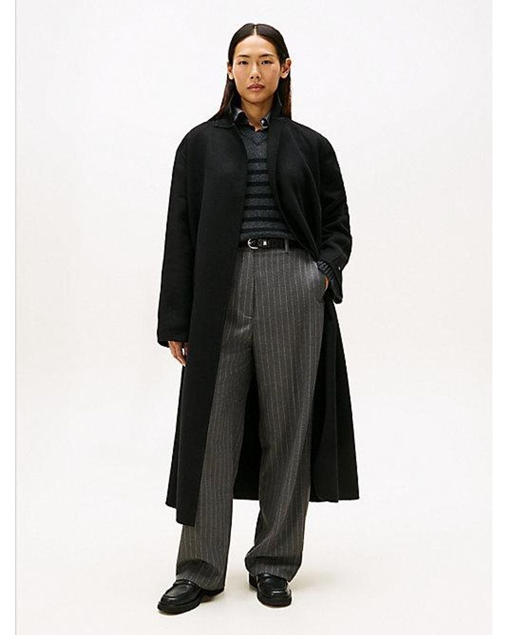 Tommy Hilfiger Black Double-faced Wool Blend Belted Longline Coat
