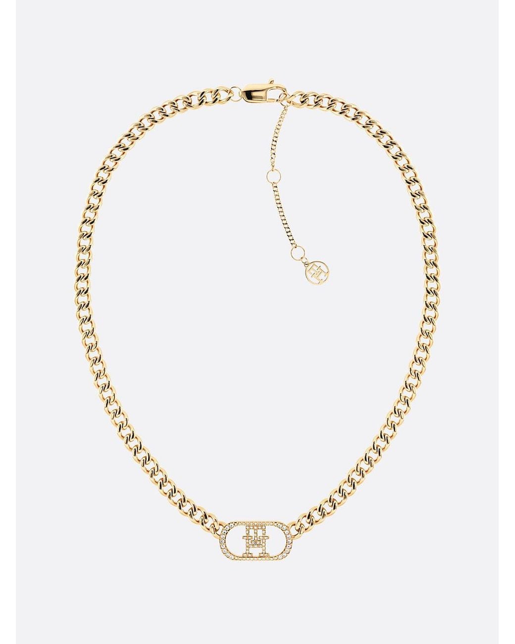 Tommy Hilfiger White Th Monogram Crystal-embellished Charm Gold-plated Necklace