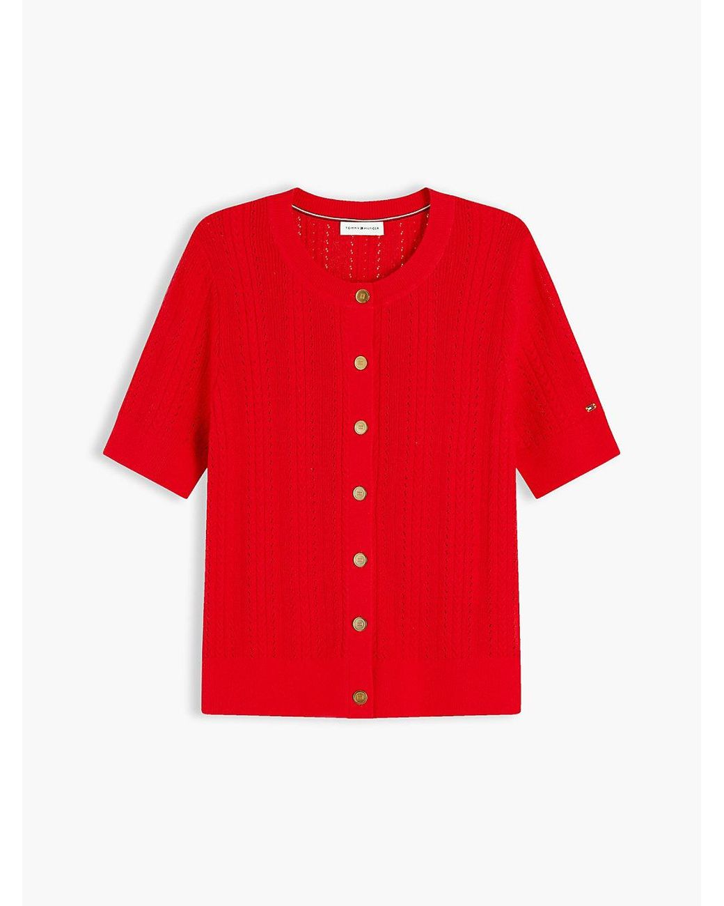 Tommy Hilfiger Red Pointelle-Tone Button Short Sleeve Cardigan