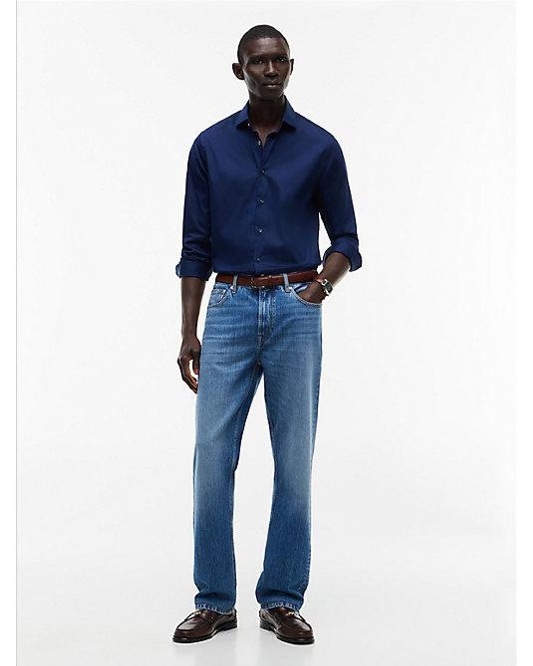 Tommy Hilfiger Blue New York Label Slim Fit Flex Collar Shirt for men