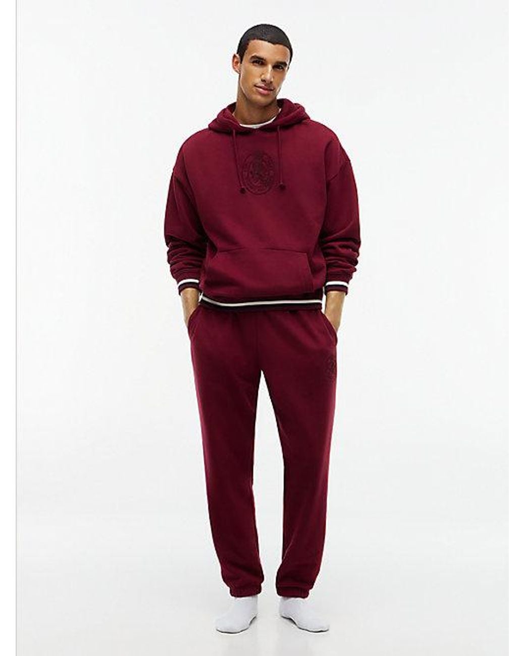 Tommy Hilfiger Red Crest Fleece Drawstring Lounge Hoody for men