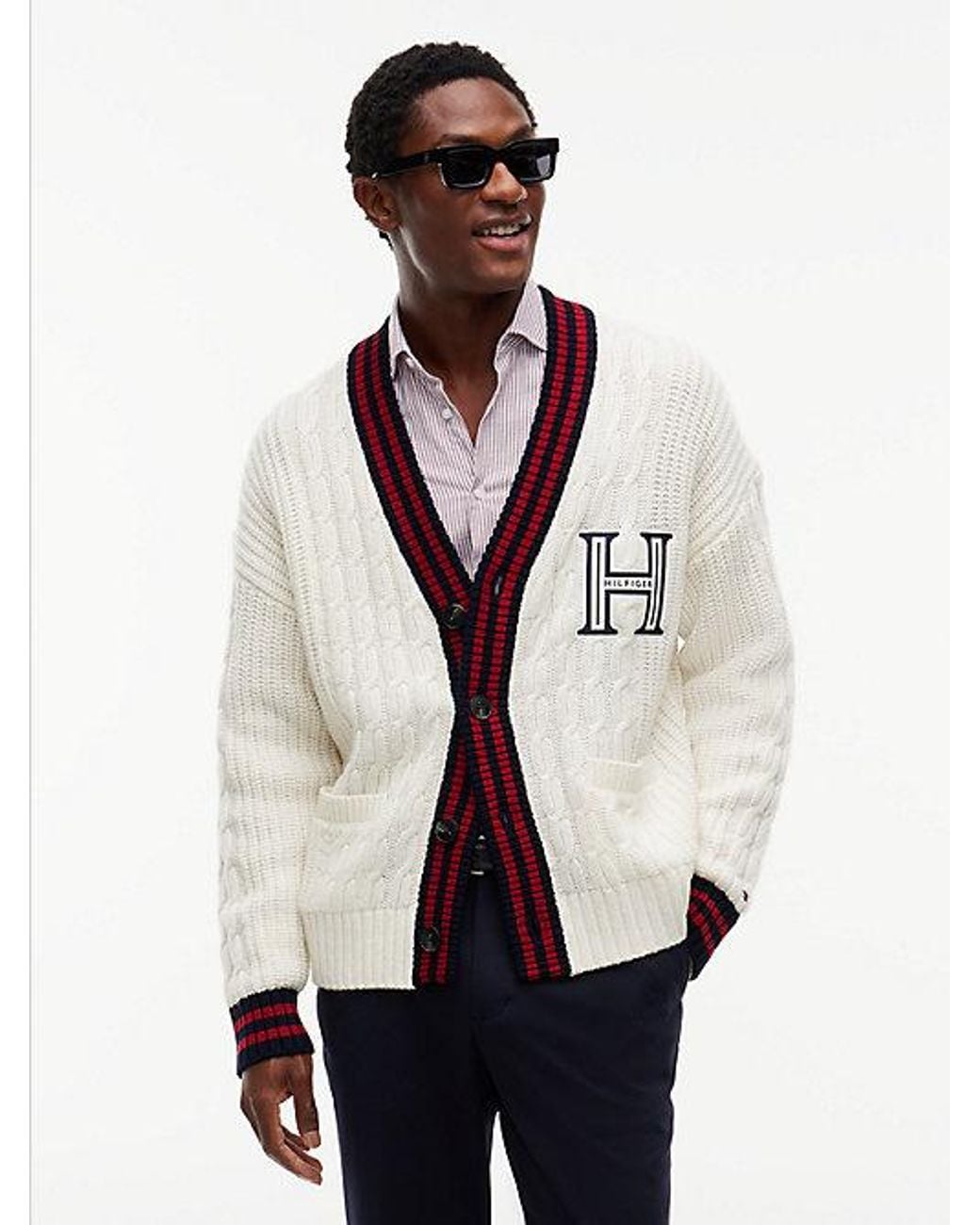 Tommy Hilfiger Natural Cable Knit Wool Blend Letterman Cardigan for men