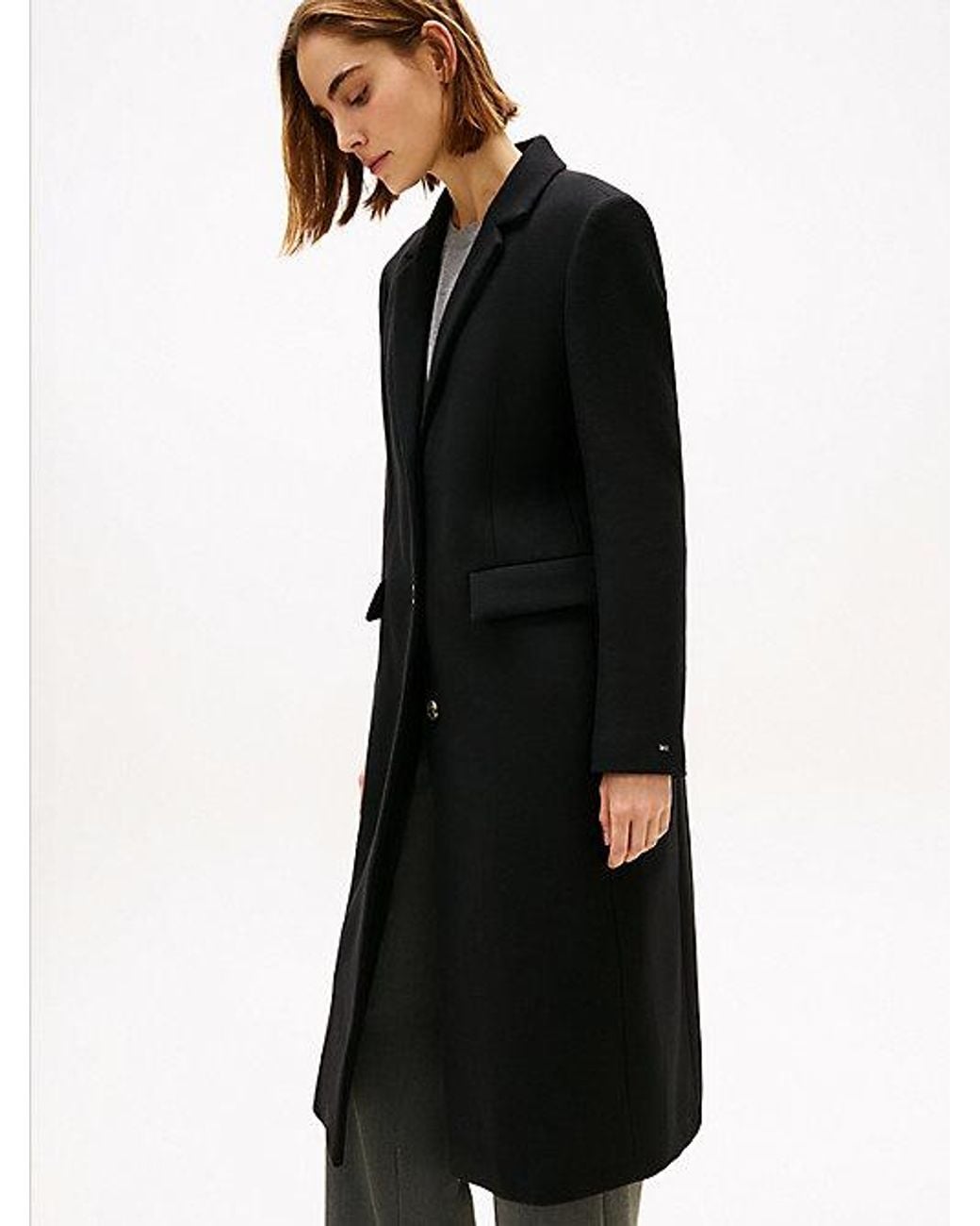 Tommy Hilfiger Black Wool Blend Longline Coat With Cashmere
