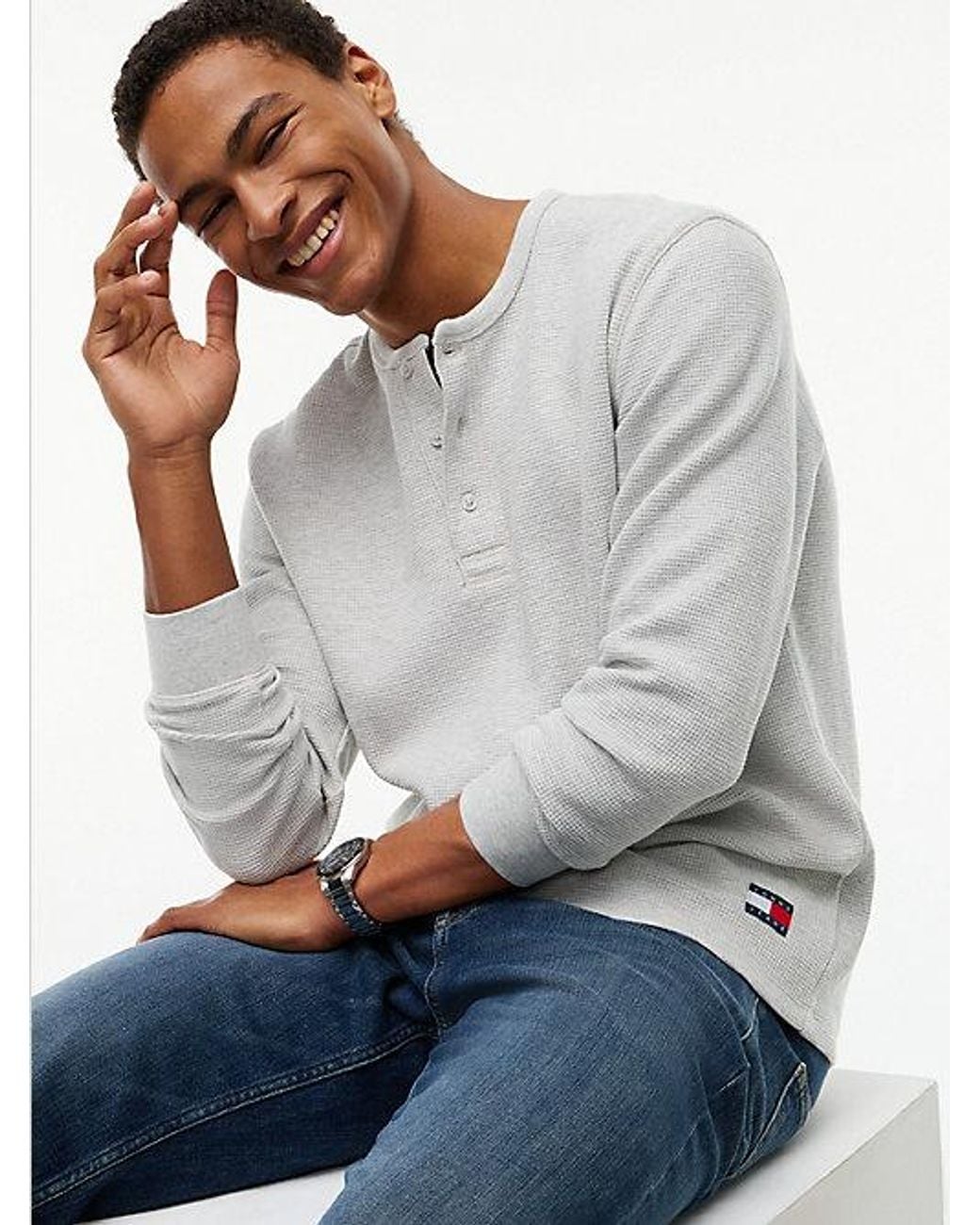 Tommy Hilfiger Gray Tommy Jeans Washed Waffle Knit Henley Long Sleeve T-Shirt for men