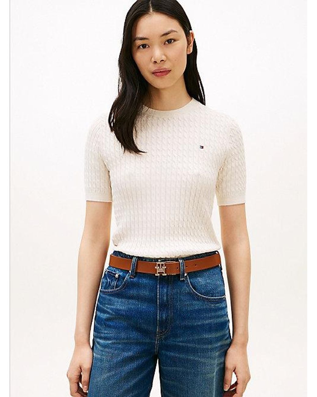Tommy Hilfiger White Cable Knit Short Sleeve Jumper