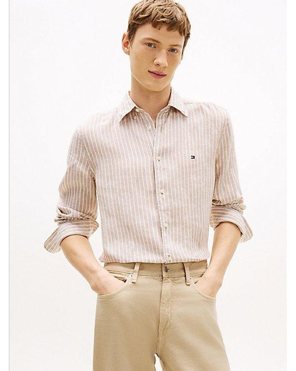 Tommy Hilfiger Natural Regular Fit Bengal Stripe Pure Linen Shirt for men