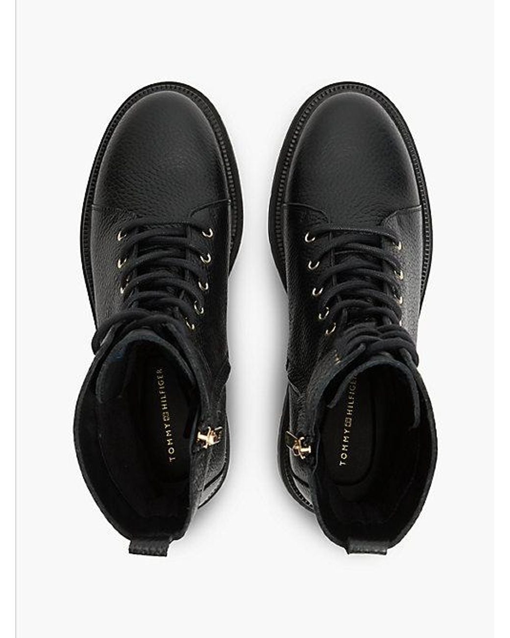 Tommy Hilfiger Black Pebble Grain Leather Cleat Lace Up Boots