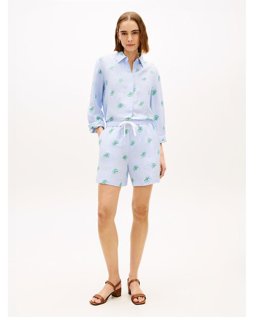 Tommy Hilfiger Blue Linen Blend Print Relaxed Shorts