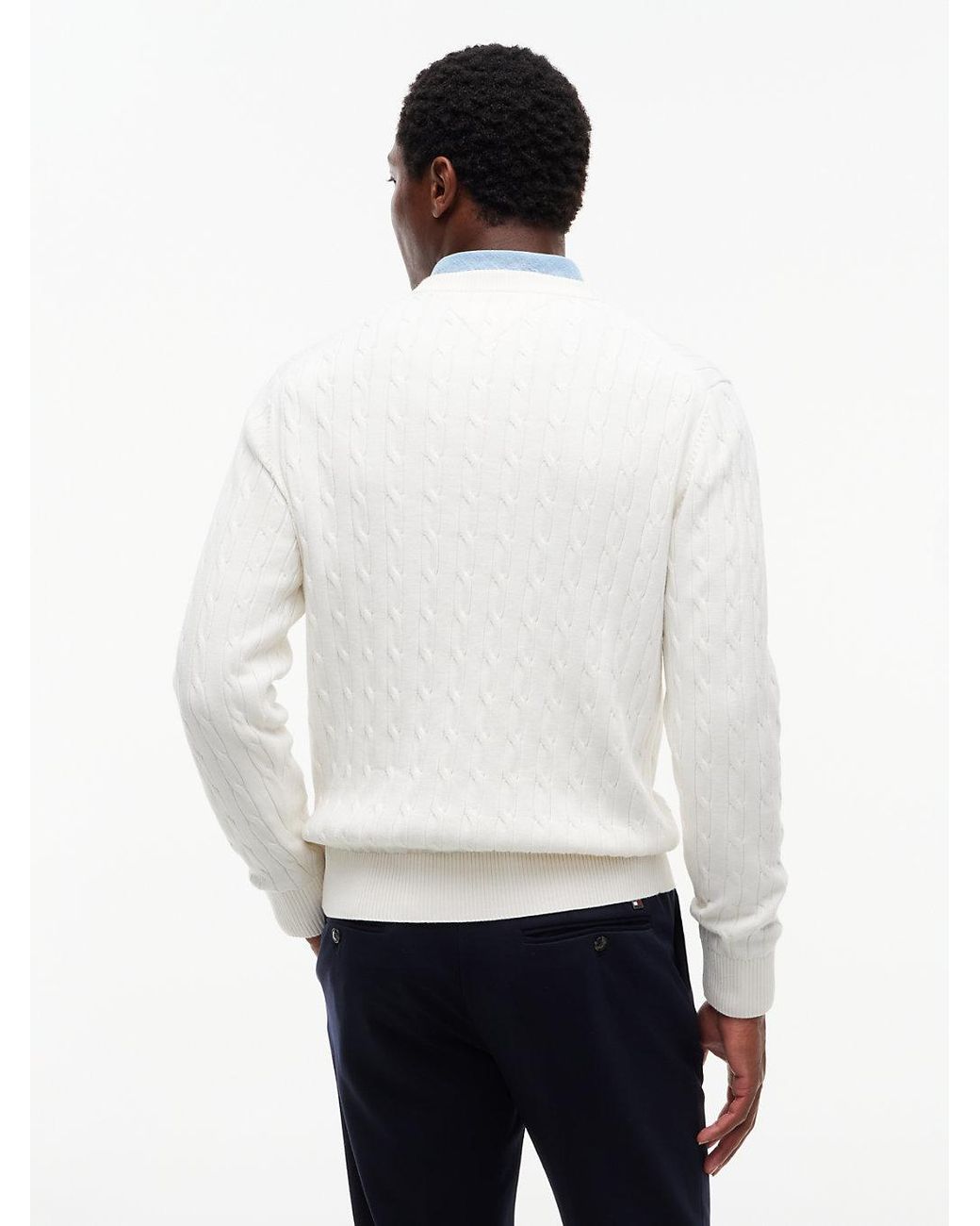 Tommy Hilfiger White Cable Knit Crew Neck Jumper for men