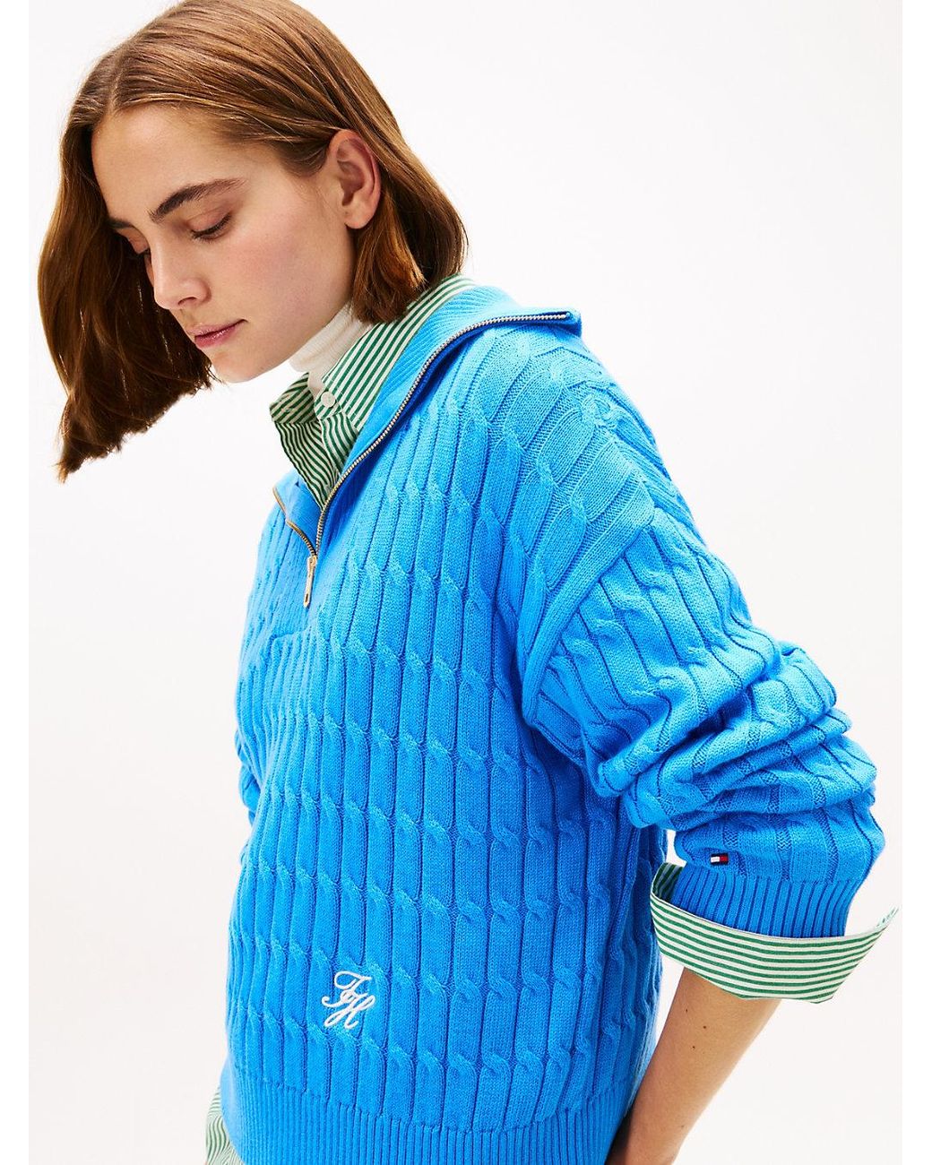 Tommy Hilfiger Blue Relaxed Cable Knit Quarter-Zip Jumper
