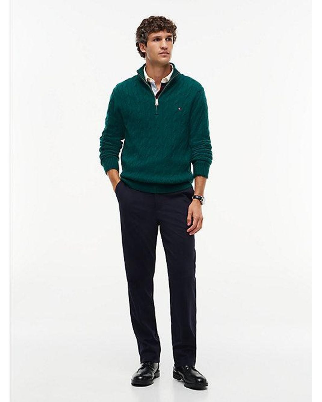 Tommy Hilfiger Green Pure Lambswool Cable Knit Quarter Zip Jumper for men