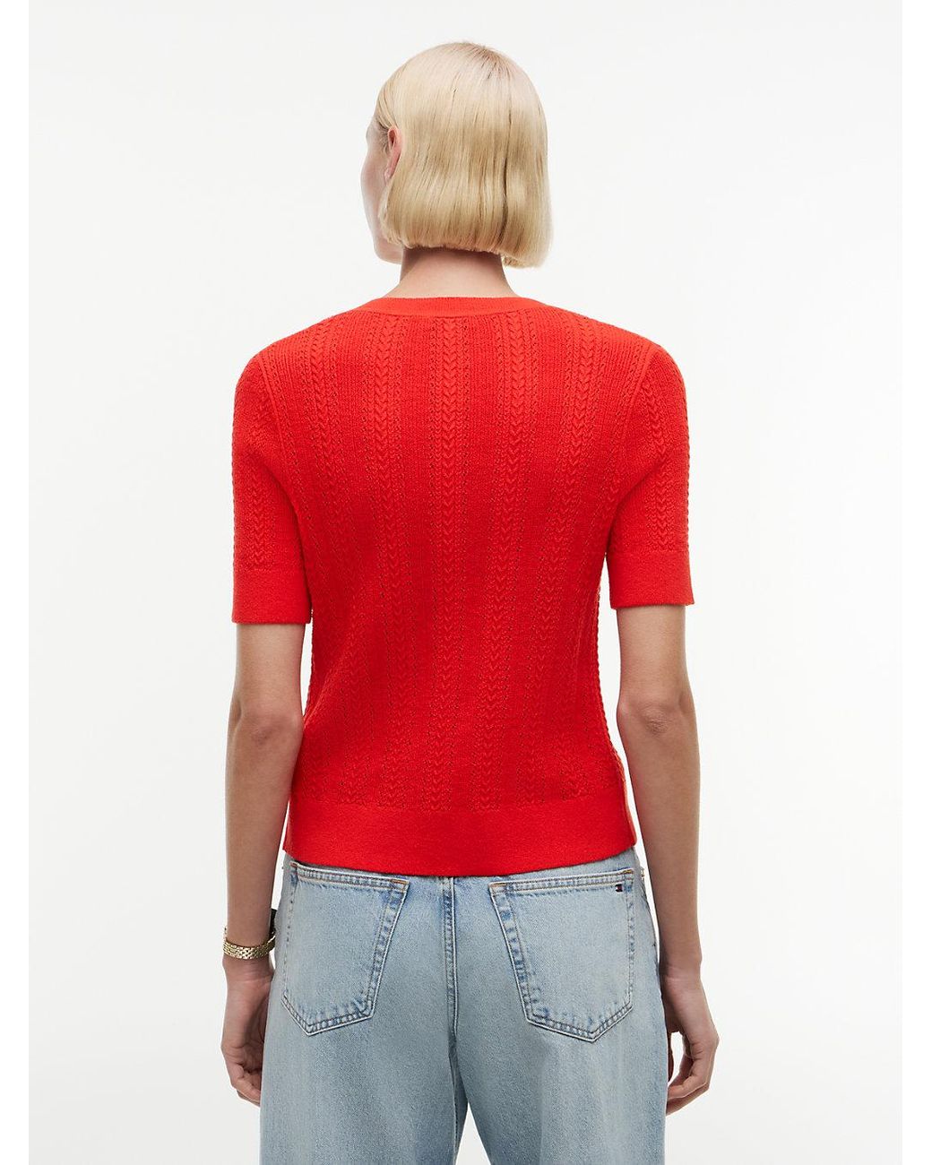 Tommy Hilfiger Red Pointelle-Tone Button Short Sleeve Cardigan