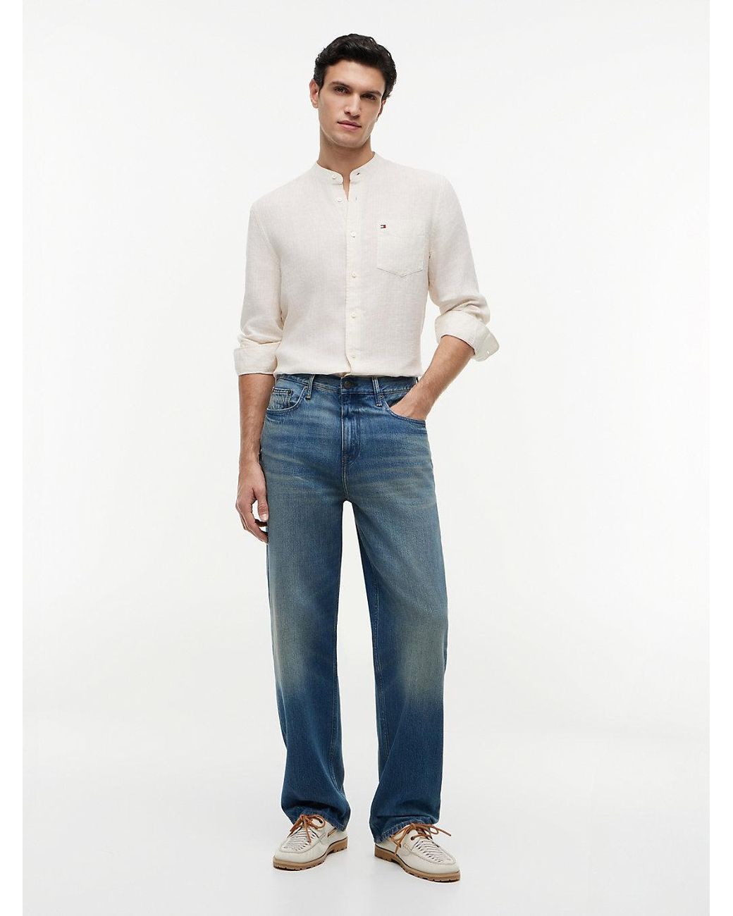 Tommy Hilfiger White Regular Fit Washed Linen Pinstripe Shirt for men