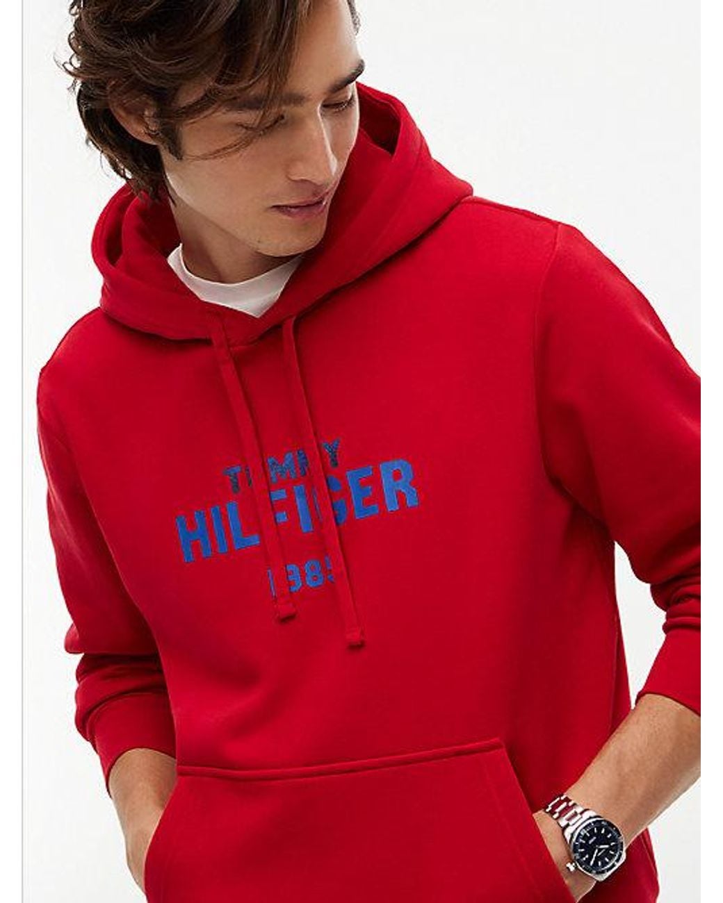Tommy Hilfiger Red Logo Embroidery Fleece Hoody for men