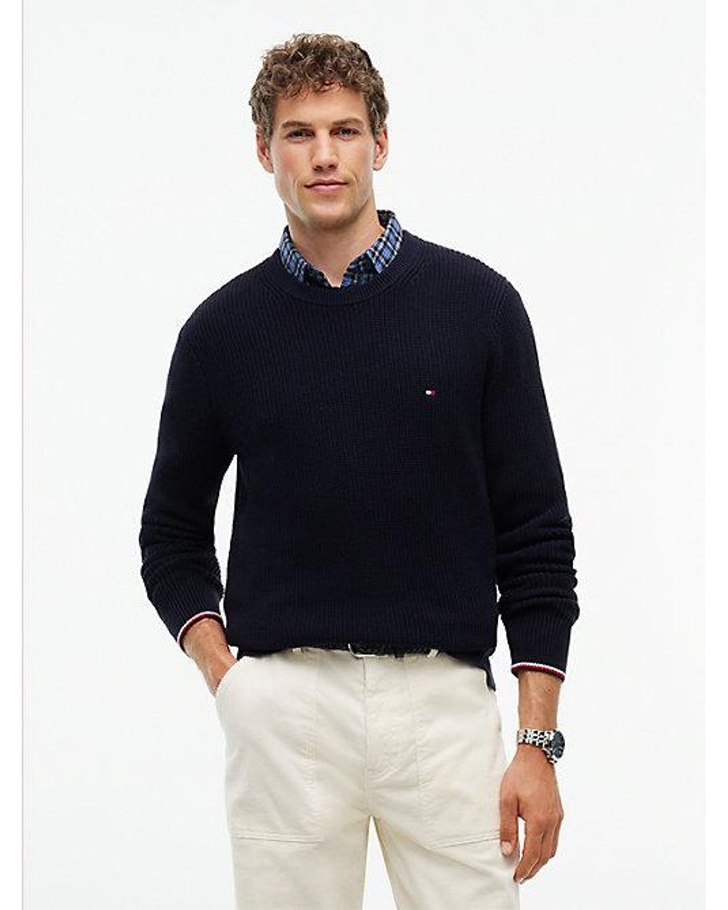 Tommy Hilfiger Blue Tipped Cuff Crew Neck Jumper for men