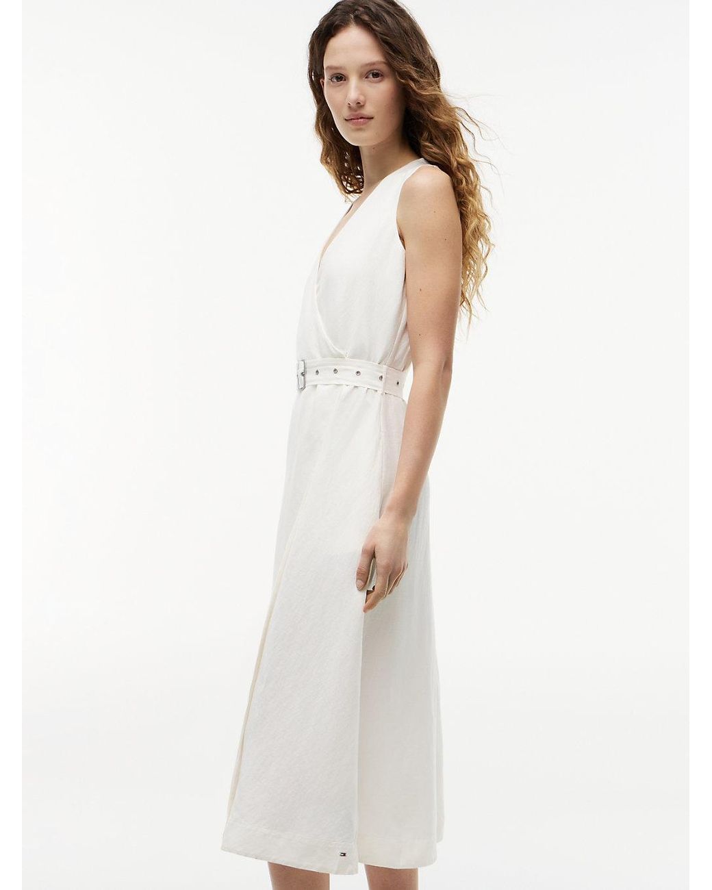 Tommy Hilfiger White Belted Linen Blend Sleeveless Wrap Midi Dress
