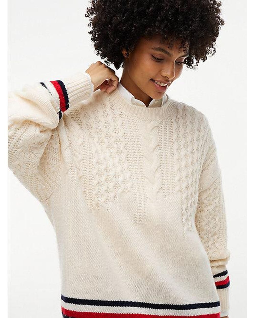Tommy Hilfiger White Tommy Jeans Pure Wool Cable Knit Oversized Jumper