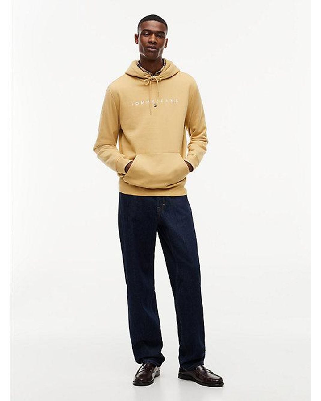 Tommy Hilfiger Natural Tommy Jeans Linear Logo Fleece Drawstring Hoody for men