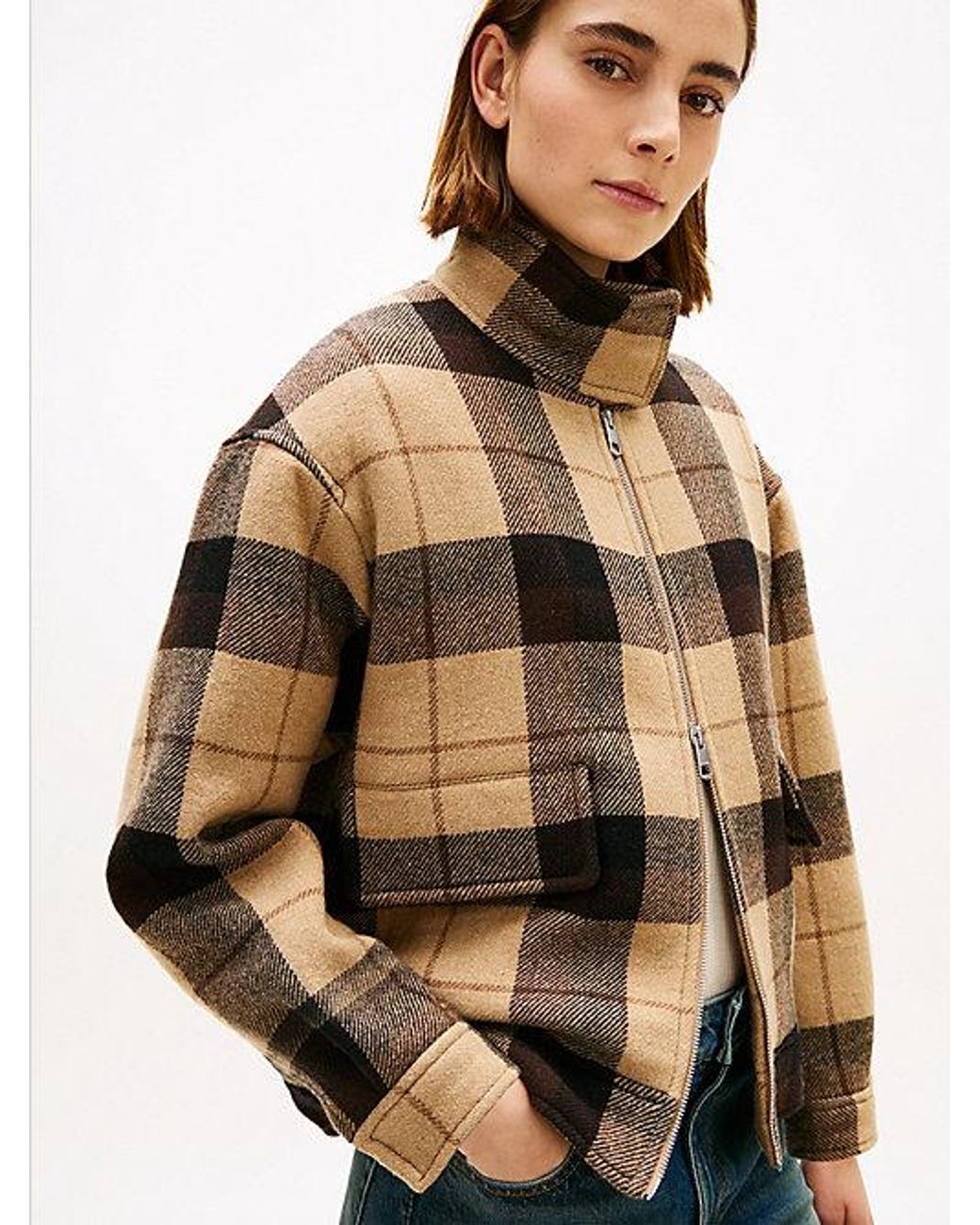 Tommy Hilfiger Natural Check Wool Blend Relaxed Harrington Jacket