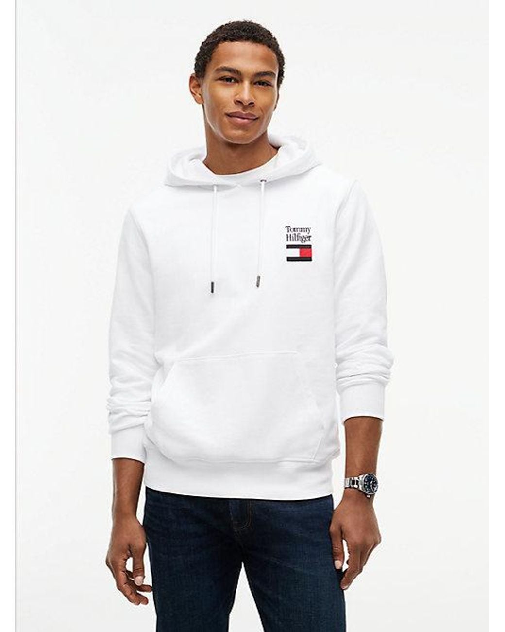 Tommy Hilfiger White Stack Logo Terry Drawstring Hoody for men