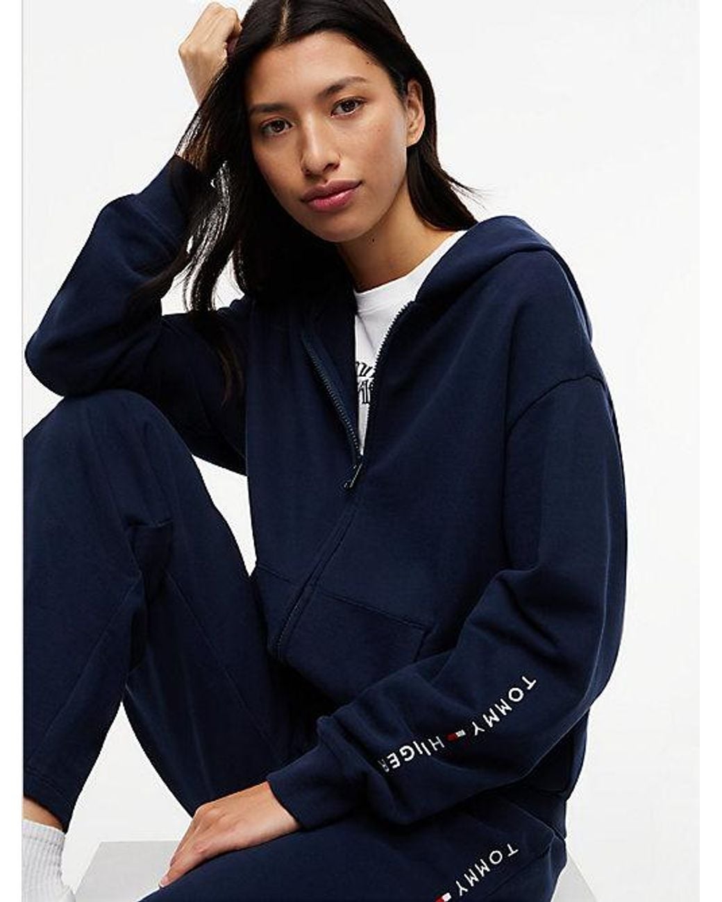 Tommy Hilfiger Blue Essential Terry Relaxed Zip-Thru Lounge Hoodie