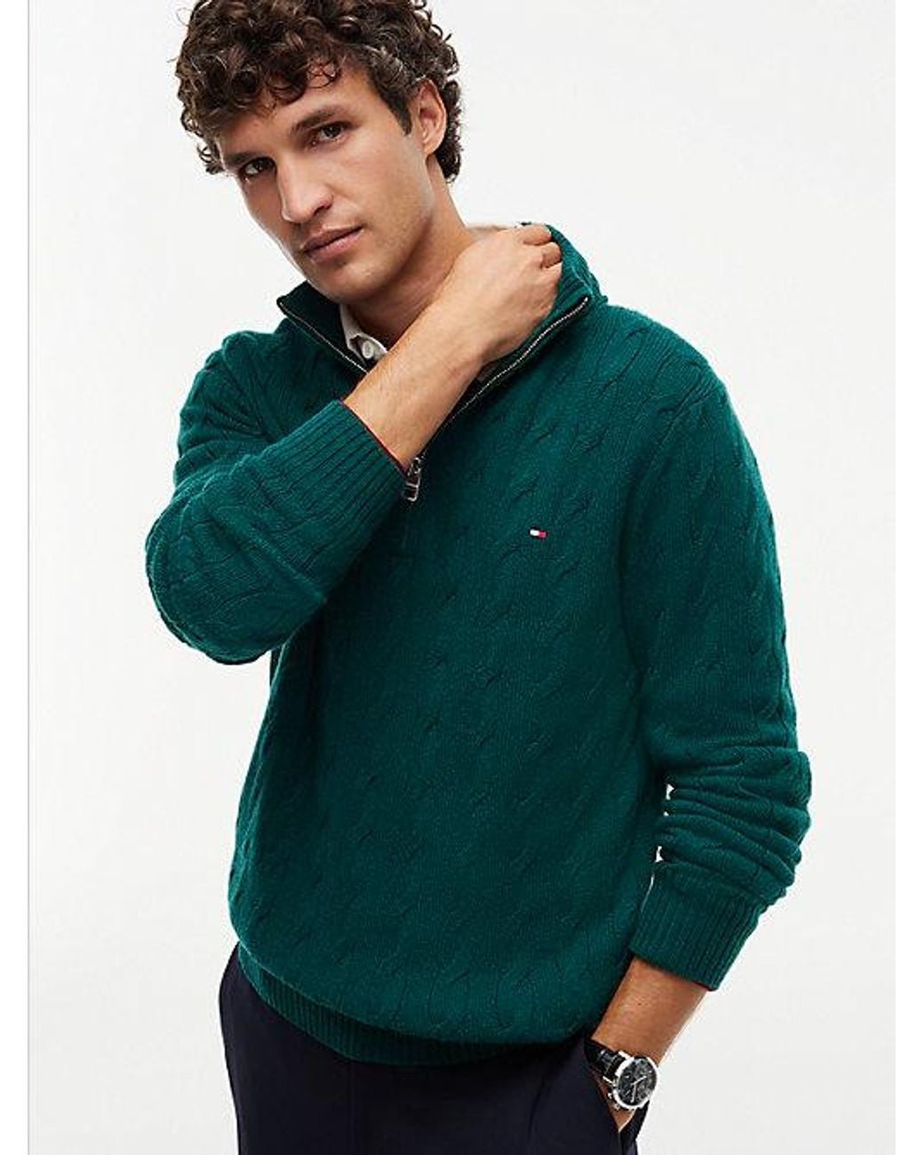 Tommy Hilfiger Green Pure Lambswool Cable Knit Quarter Zip Jumper for men