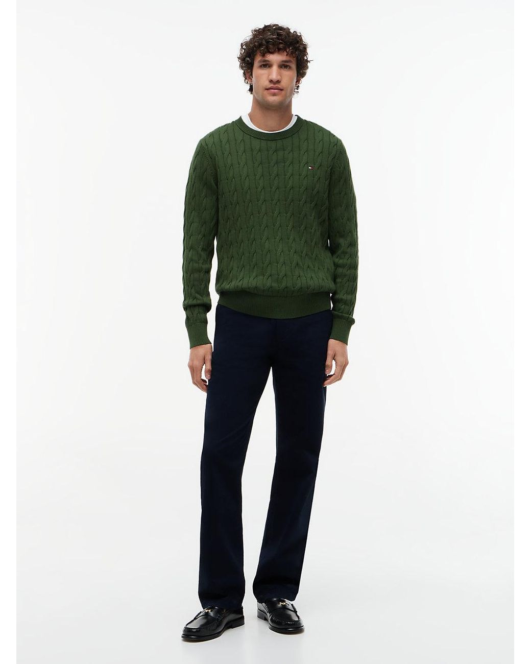 Tommy Hilfiger Green Cotton Cable Crew Neck Sweater for men
