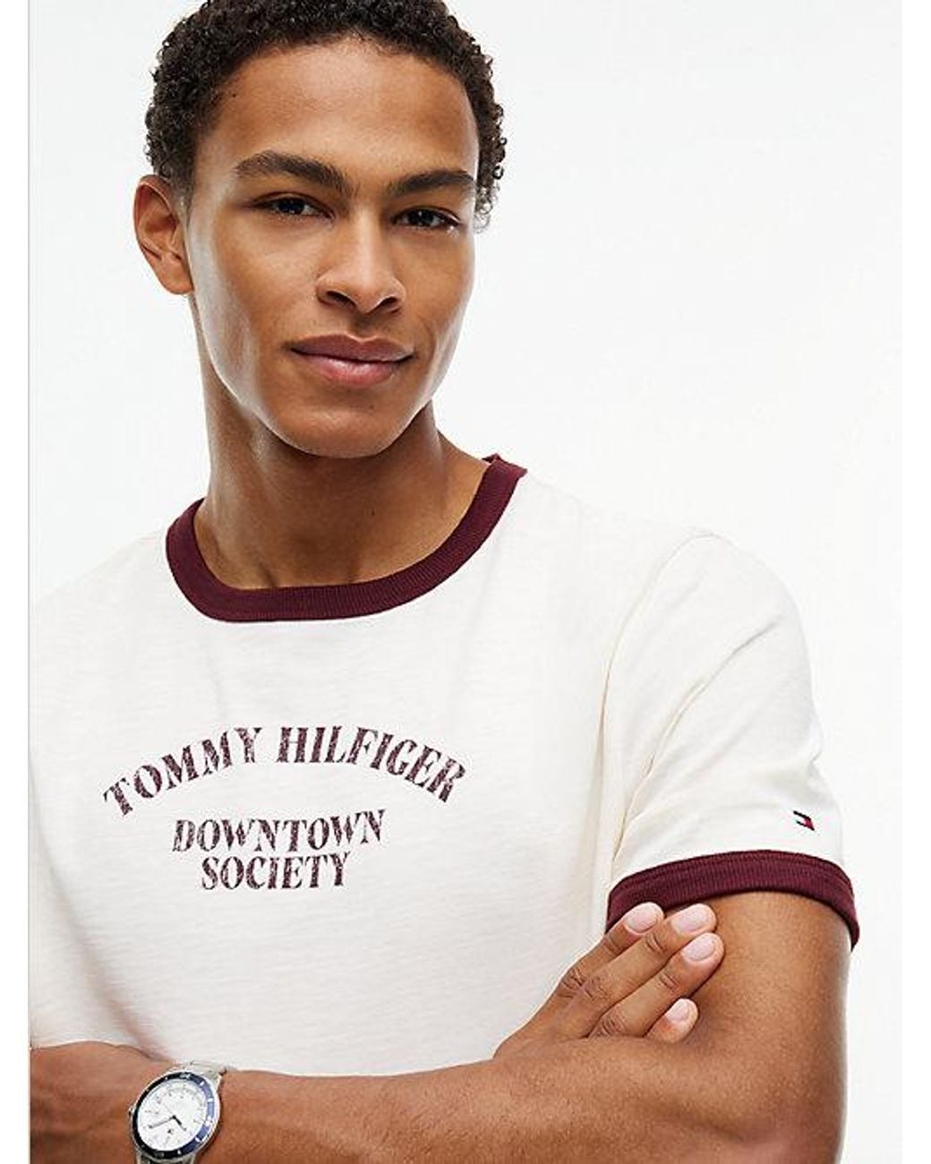 Tommy Hilfiger White Logo Textured Jersey Ringer T-Shirt for men