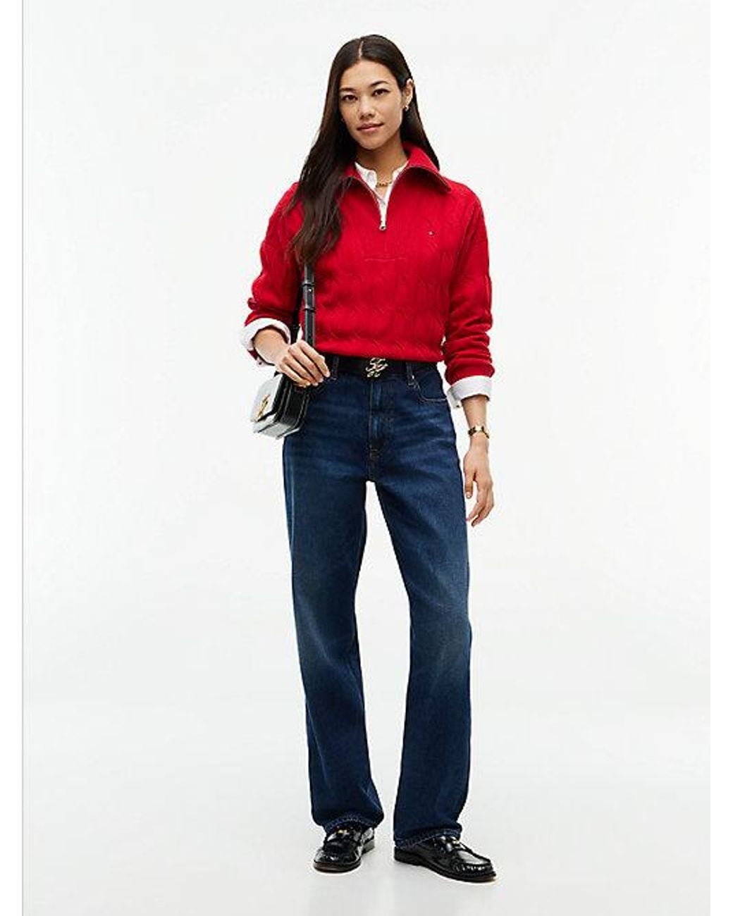 Tommy Hilfiger Red Pure Wool Cable Knit Quarter Zip Jumper