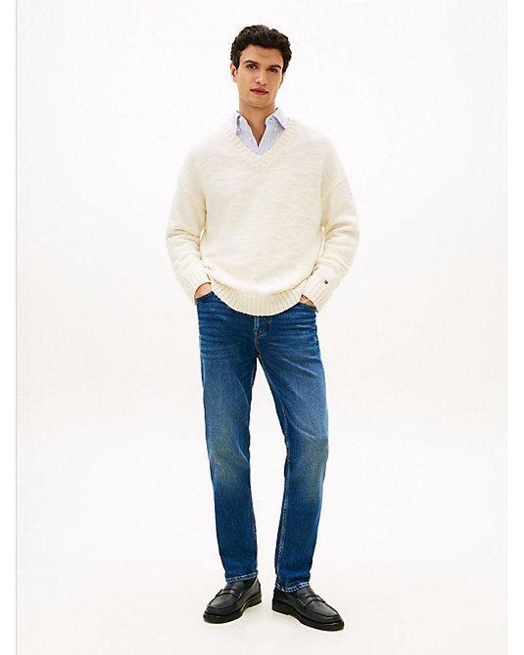 Tommy Hilfiger White Wool Blend V-neck Jumper for men