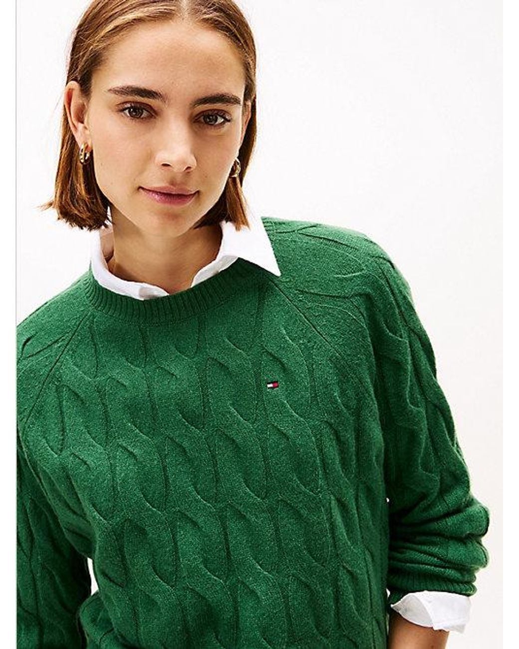 Tommy Hilfiger Green Cable Knit Soft Wool Relaxed Jumper