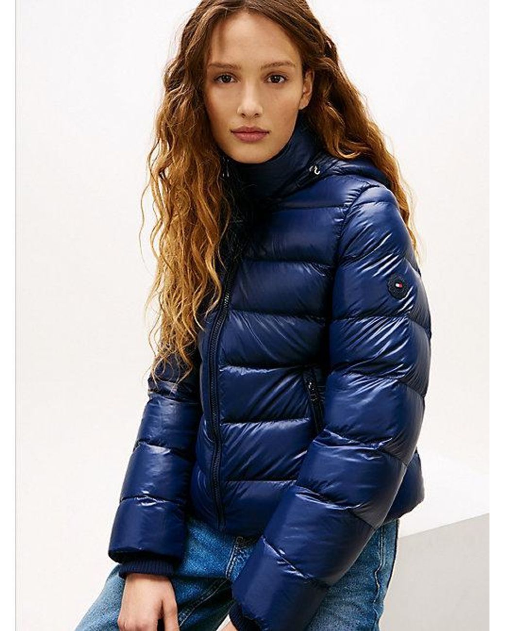 Tommy Hilfiger Blue Shiny Water Repellent Down Hooded Jacket