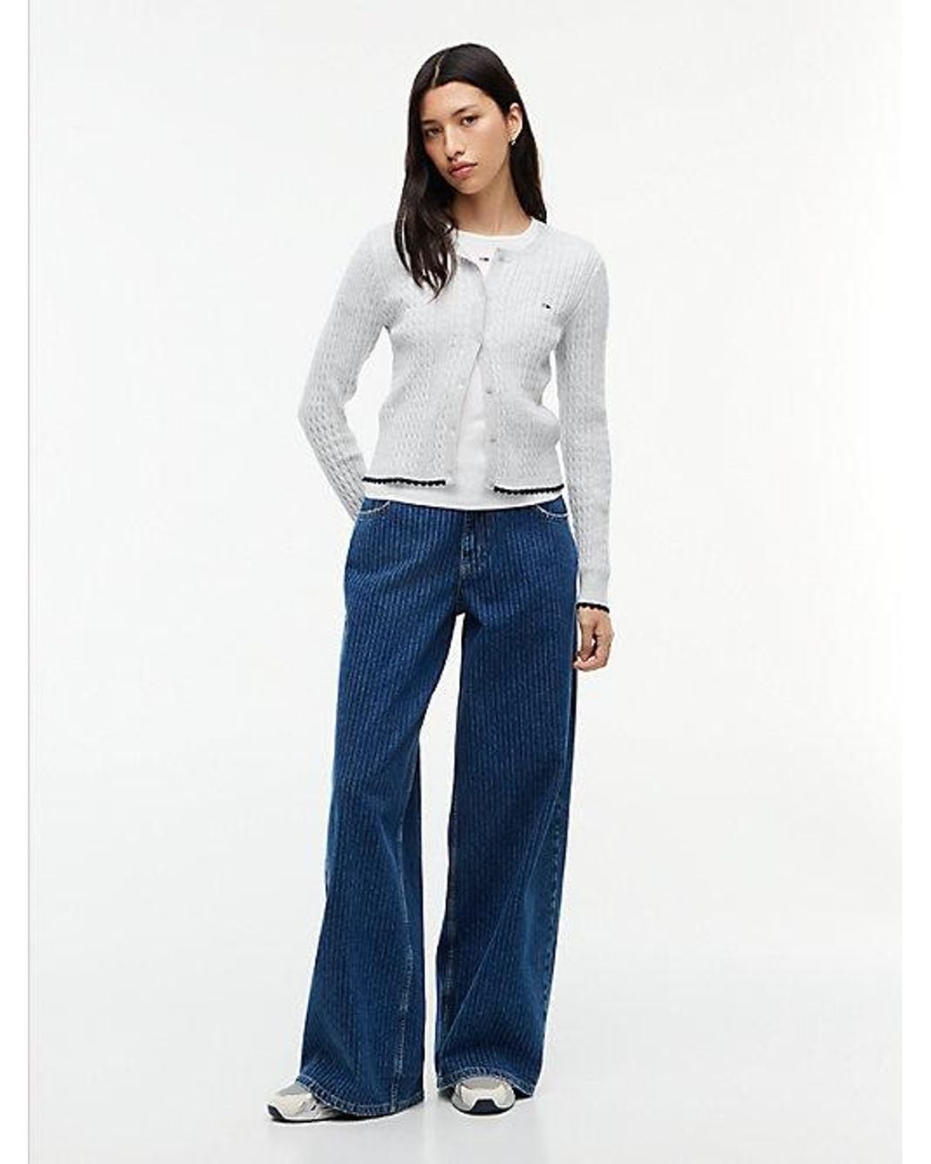 Tommy Hilfiger White Tommy Jeans Cable Knit Scalloped Trim Slim Cardigan