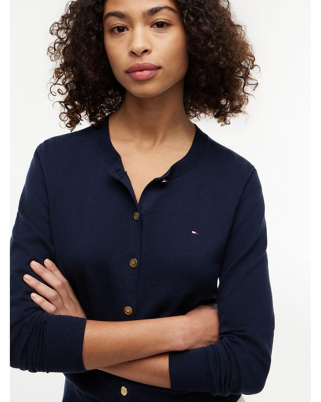 Tommy Hilfiger Blue Fine Knit Jersey Crew Neck Cardigan