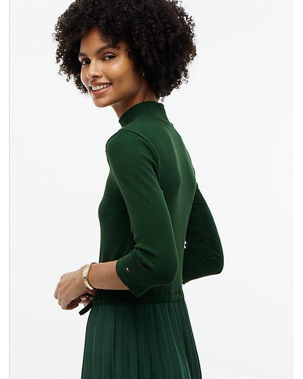 Tommy Hilfiger Green Ribbed Pleated Slim Midi Dress