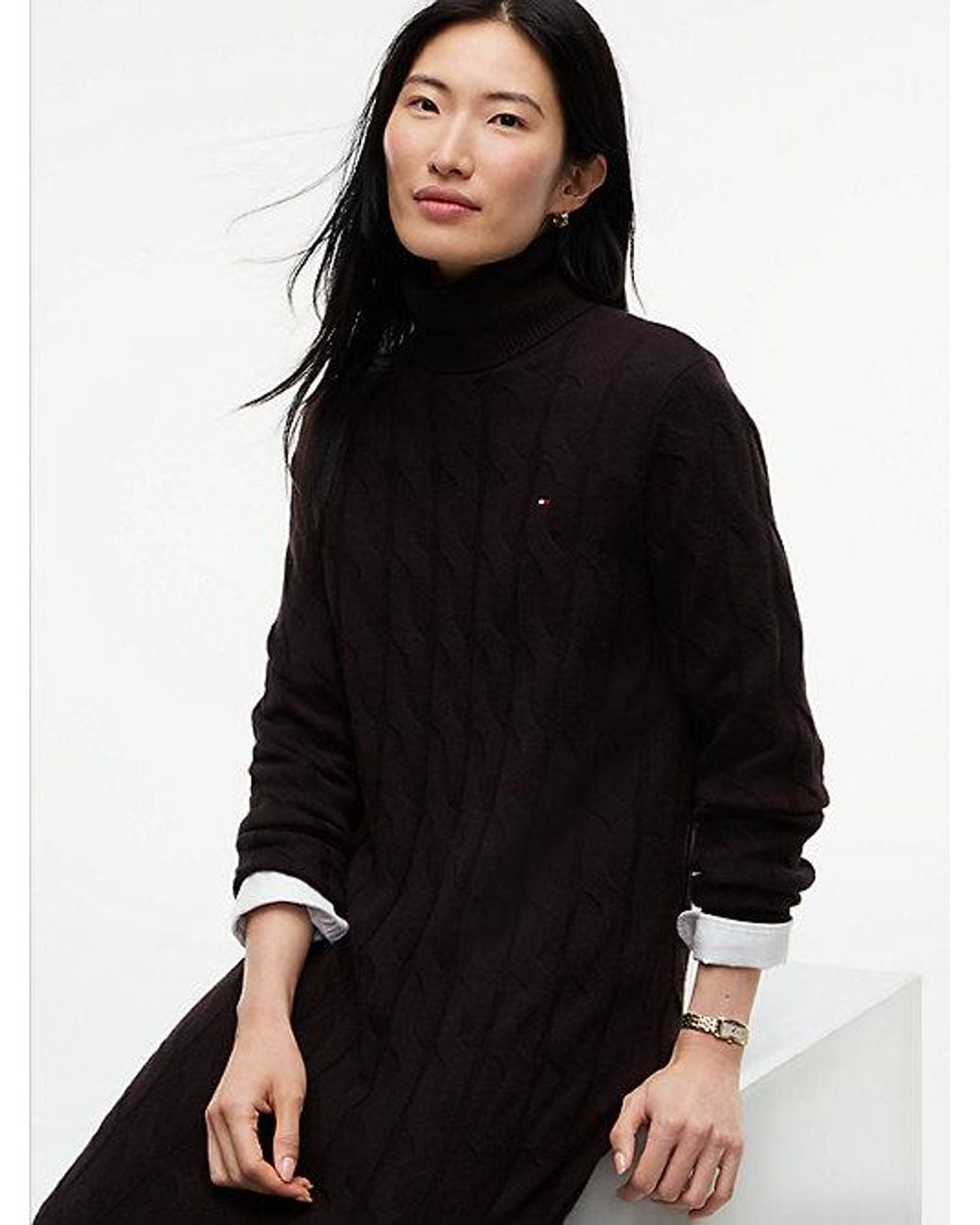 Tommy Hilfiger Black Pure Wool Cable Roll Neck Jumper Dress